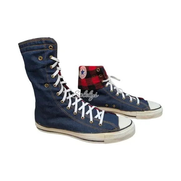 Converse 1987 Vtg NeeHi Calf High XHI USA Made Denim Fold Plaid Sneaker Mens 11 - Picture 6 of 14